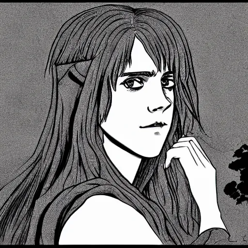 Image similar to emma watson, meets the horse from berserk, highly detailed, black and white, manga, art by Kentaro Miura