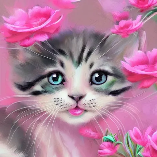 Image similar to cute kitten with pink flowers, digital art, concept art, gemmy woud binnendijk, nixeu, artgerm