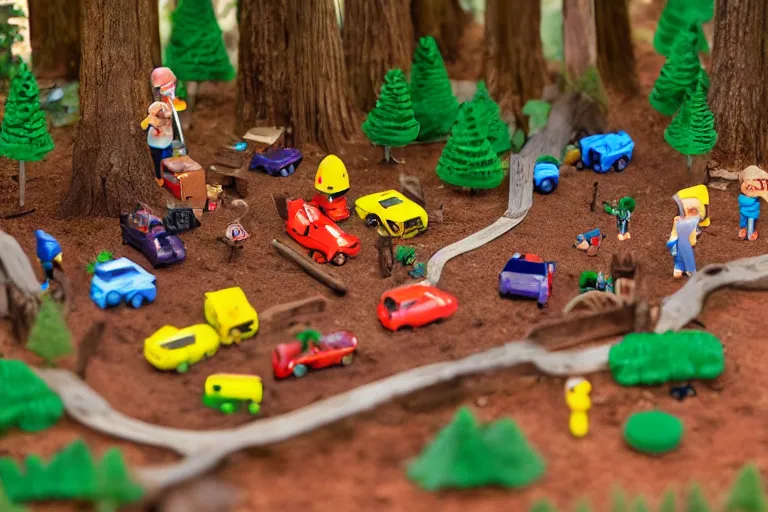 Image similar to fisher price redwood forest, california scene from tv show hyper detailed 5 5 mm 8 5 mm, toy photography, made out of plastic