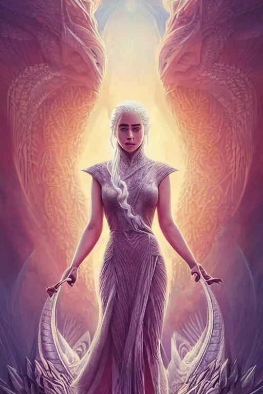 Prompt: beautiful, ethereal daenerys targaryen ( khaleesi ) portrait, art deco, fantasy, intricate art deco dragon designs, elegant, highly detailed fractals, fire background, sharp focus, game of thrones art by artgerm and beeple and greg rutkowski and wlop