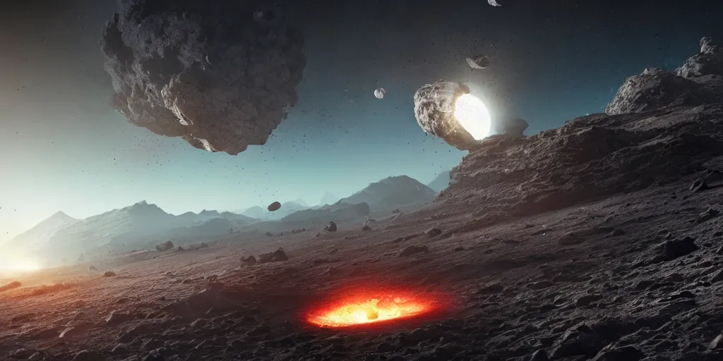 Prompt: huge asteroid destroying the moon, a lot of flying debris, greg rutkowski, 8 k, shallow depth of field, ultra high detail, concept art,