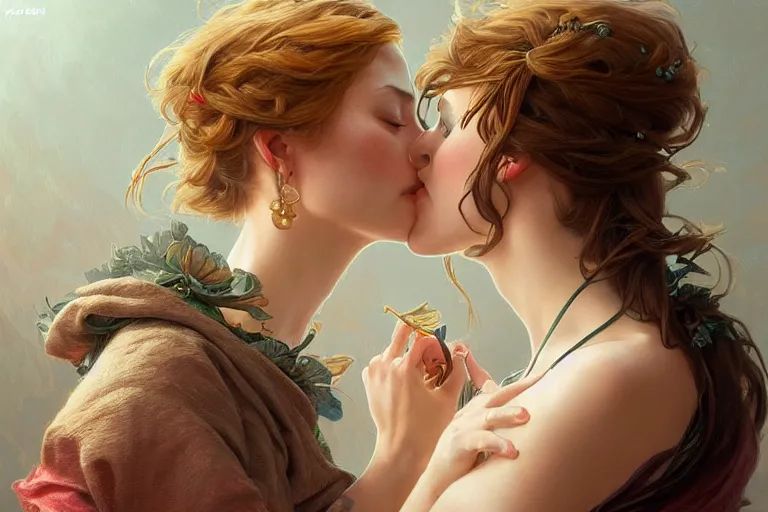 Image similar to Ultra realistic illustration, two women kissing a, intricate, elegant, highly detailed, digital painting, artstation, concept art, smooth, sharp focus, illustration, art by artgerm and greg rutkowski and alphonse mucha