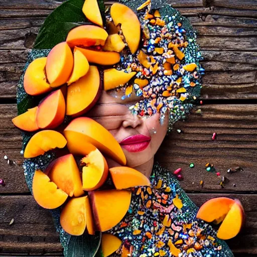 Image similar to beautiful photo of a fairy made of peaches, mangoes and sprinkles, dslr