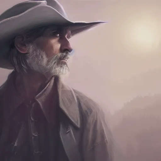 Prompt: portrait of a man with a long duster, grey hair and a cowboy hat, harsh good looking face, drawn by ruan jia, disco elysium style, fantasy art, dramatic lighting, digital art, 8 k, highly detailed