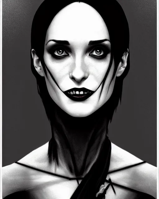 Prompt: gorgeous female Winona Ryder vampire sharp teeth in a confident dress, full body, realistic character concept, medium shot, elegant pose, horror, illustration, slender symmetrical face and body, symmetrical eyes, artstation, cinematic lighting, hyperdetailed, Tom Bagshaw, artgerm, Norman Rockwell, Charlie Bowater, single face, insanely detailed and intricate, beautiful, elegant, dark blue background