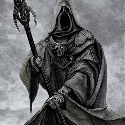 Image similar to a man with a skull head in a grey cloak holding his black spear up to the sky, Digital art