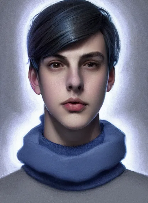 Image similar to portrait of teenage jughead jones wearing a light grey crown, crown, blue turtleneck, closed eyes, photorealistic, black hair, glowing lighting, intricate, elegant, glowing lights, highly detailed, digital painting, artstation, concept art, smooth, sharp focus, illustration, art by wlop, mars ravelo and greg rutkowski