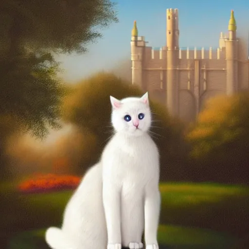 Prompt: portrait of a beautiful fluffy white princess cat in the style of mark brooks with a castle in the background