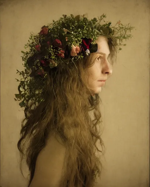 Prompt: a woman's face in profile, long hair made of flowers and vines, in the style of the Dutch masters and Gregory Crewdson, dark and moody
