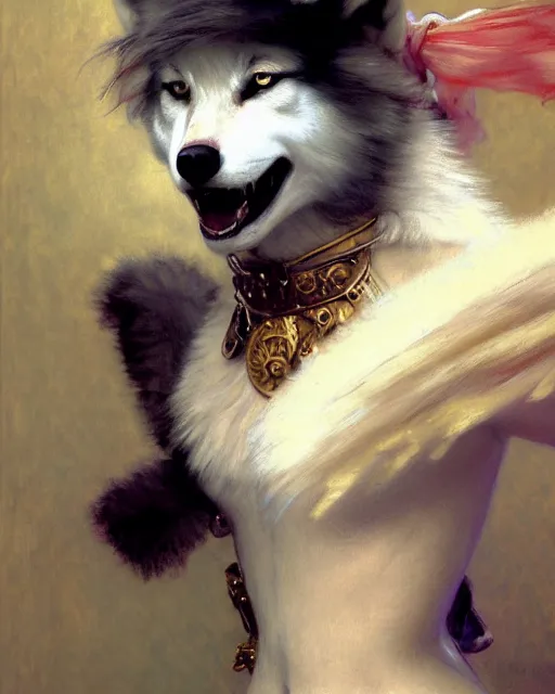 Image similar to white female anthro wolf skating at a roller derby, female fursona, 4 k, trending on artstation, very expressive detailed face, by gaston bussiere, craig mullins, j. c. leyendecker, gustav klimt, artgerm, greg rutkowski, alphonse mucha