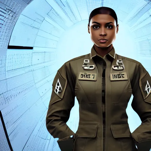 Image similar to a futuristic female soldier with brown skin and short hair in a spaceship