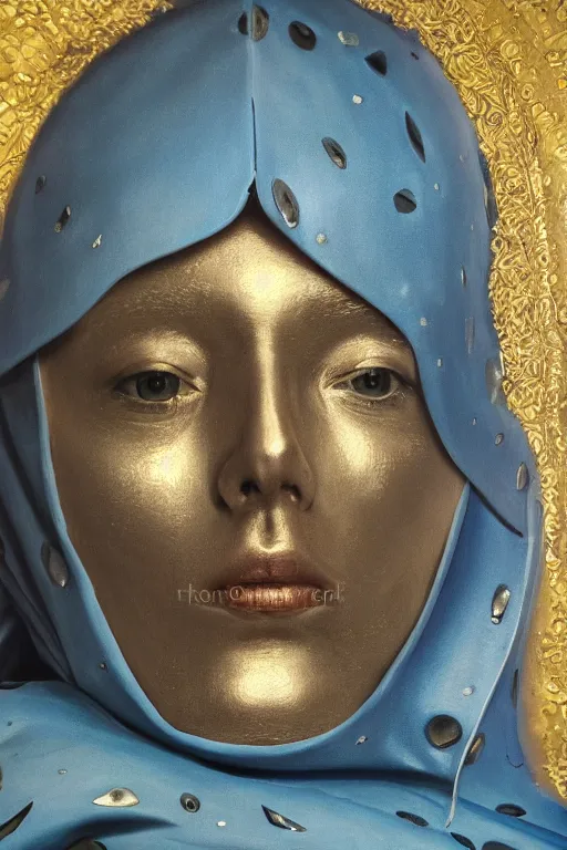 Image similar to hyperrealism oil painting, close - up portrait of face hiding in stingray medieval fashion model, knight, steel gradient mixed with nebula sky, in style of baroque mixed with 7 0 s book art