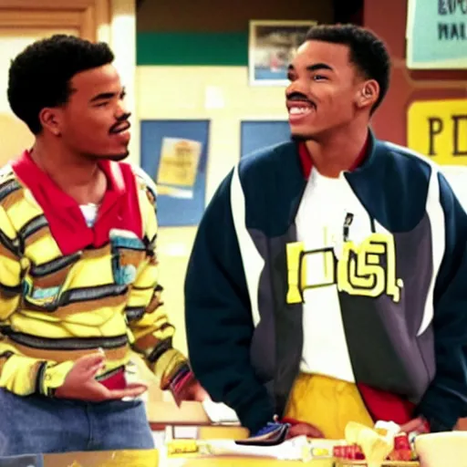 Image similar to a tv still of Chance The Rapper starring as a black college student at Jones College Prep in a 1993 sitcom