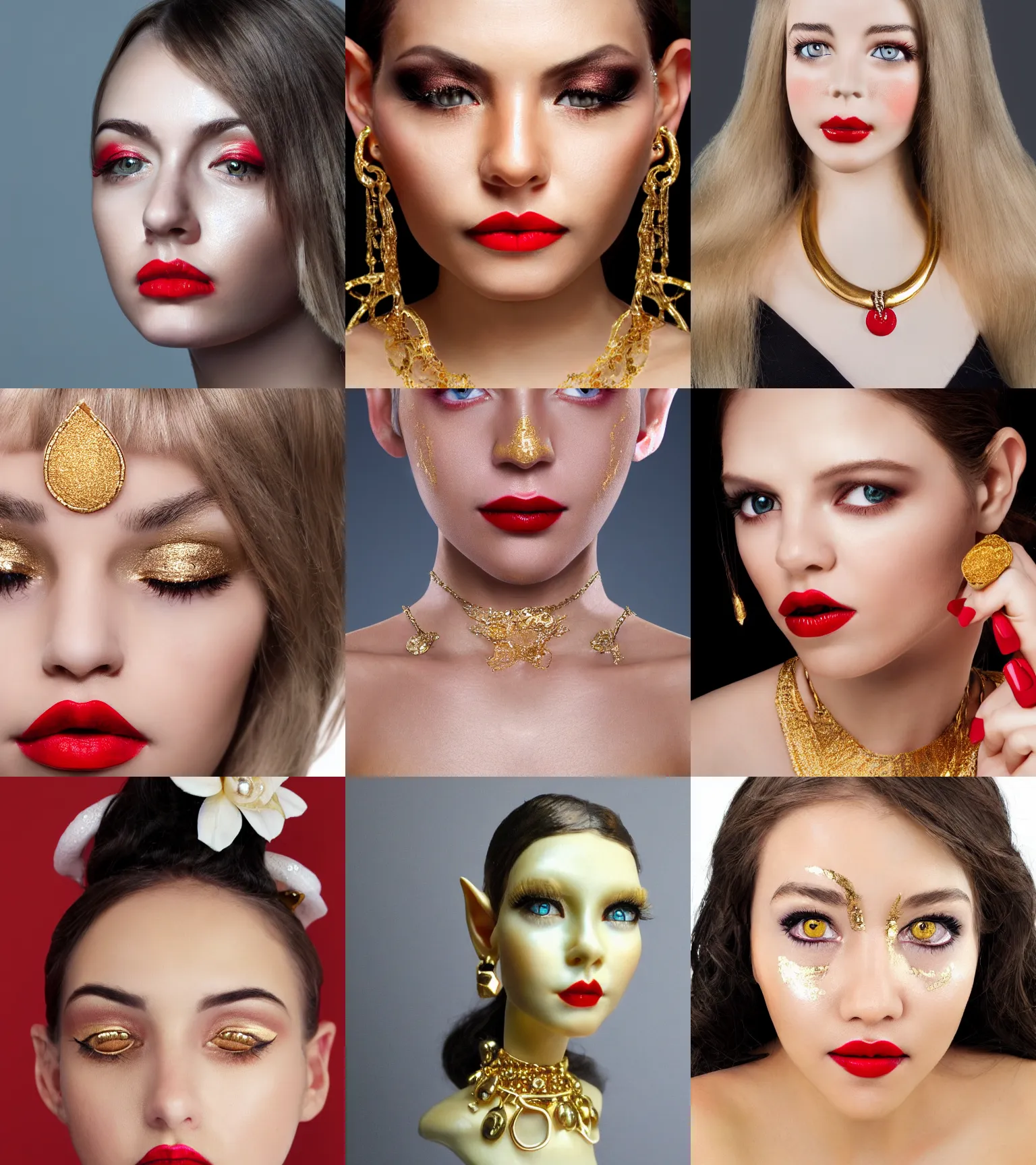 Prompt: close - up product photo, elf girl with soft white skin and gold eyes, golden jewelry on red lips, look at the details