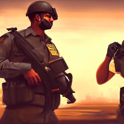 Prompt: two airport officers arresting spices, apocalyptic, dramatic, hyperdetailed, cinematic lighting, cg society, trending on art station, aesthetic