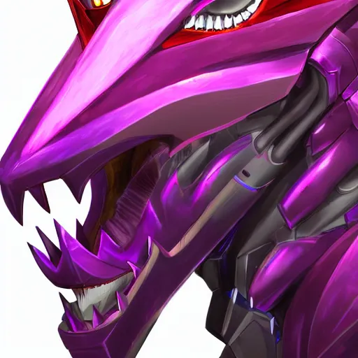 Image similar to detailed mawshot of a beautiful stunning anthropomorphic hot robot mecha female dragon, silver streamlined sharp armor, fuchsia flesh, glowing purple eyes, furaffinity, DeviantArt, Eka's Portal, G6