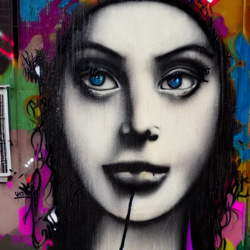 Prompt: graffiti portrait of beautiful female, close up face, by Banksy, trending on Artstation