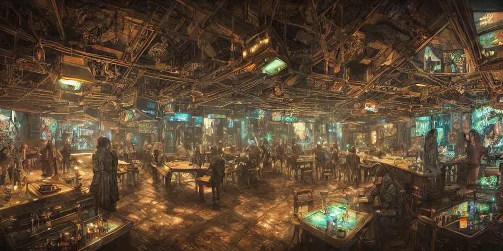 Image similar to Highly detailed realistic Digital concept interior design in style of Hiromasa Ogura and Josan Gonzalez of highly detailed cyberpunk tavern with stone walls and neon lights, a lot of electronics and people, many details. Natural white sunlight from the transperient roof. Panorama on 360 degrees Rendered in 32K in VRAY and DaVinci Resolve and MAXWELL and LUMION 3D, Volumetric natural light