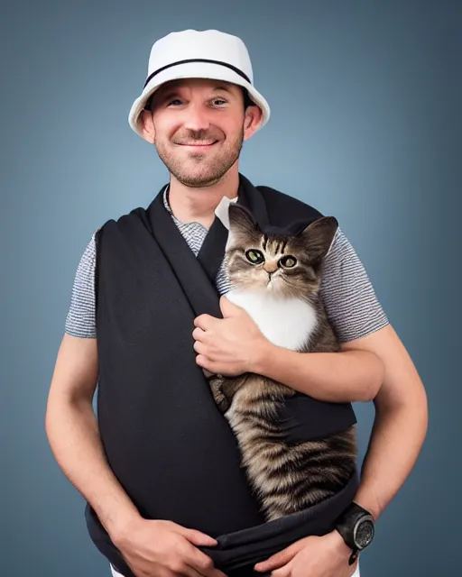 Image similar to gentlemen wearing a hat and wearing a baby sling on the back with a kitten in the sling, studio portrait, golden ratio, backlit, happy, detailed eyes