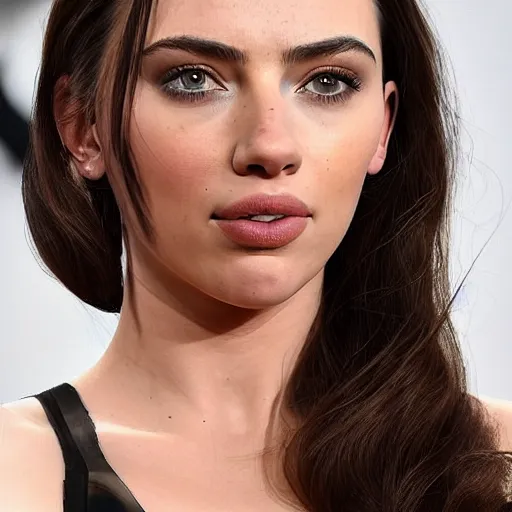 Image similar to a woman who is a genetic combination of kim kardashian and kat dennings and scarlett johansson and margot robbie and emma watson, face and upper - body focus