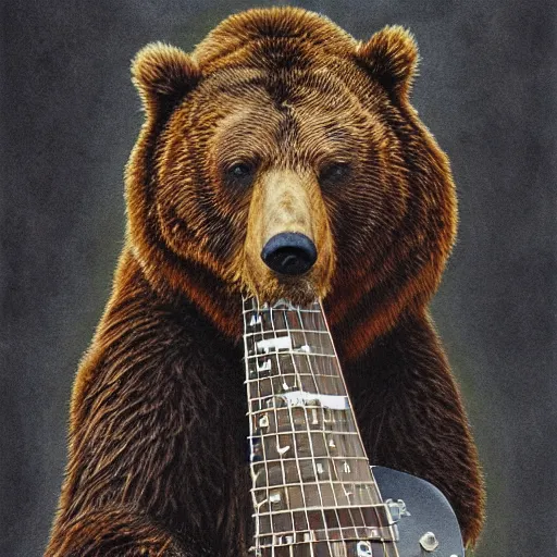 Image similar to Realistic brown bear playing (Albert King, Jimi Hendrix, Lenny Kravitz, Michael Schenker, Rudolph Schenker, Michael Weikath)'s guitar, by Antonio Caparo and Ferdinand Knab and Greg Rutkowski UHD photorealistic trending on artstation