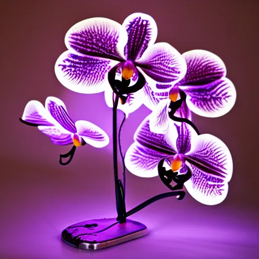 Prompt: an orchid flower made of metal, cybertronic, reflective, glowing