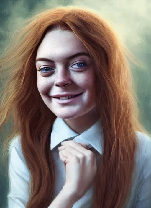 Image similar to portrait of teenage lindsay lohan, long haircut, flowing ginger hair, freckles, white shirt, red tie, smiling kindly, forest at background, 1 9 8 0 s, intricate, elegant, glowing lights, highly detailed, digital painting, artstation, concept art, smooth, sharp focus, illustration, art by wlop, mars ravelo and greg rutkowski