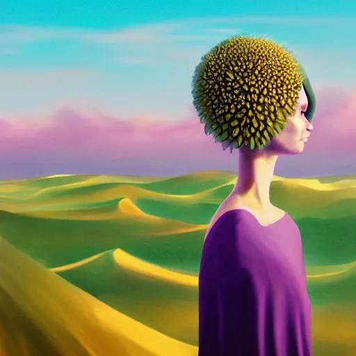 Image similar to portrait, giant purple dahlia flower head, woman between dunes, surreal photography, sunrise, blue sky, dramatic light, impressionist painting, digital painting, artstation, simon stalenhag