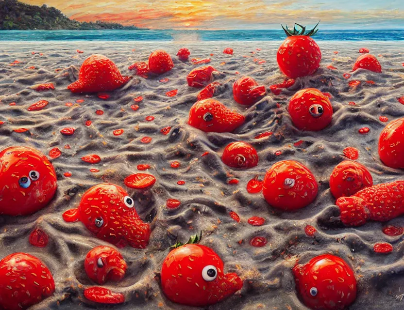 Prompt: a funny detailed high resolution oil painting with dirty old brush of a lazy red burning tomato with to many googly eyes on a beach melting to hot for the sun, big piles of strawberry icecream in cones falling from the sky on a sunset by james jean