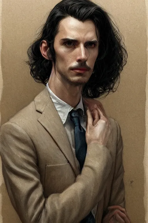 Image similar to skinny male fantasy scientist, long dark hair, 1 9 2 0 s, elegant, highly detailed, intricate, smooth, sharp focus, artstation, digital paining, concept art, art by donato giancola, greg rutkowski, artgerm, cedric peyravernay