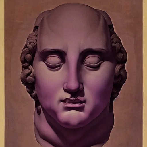 Image similar to washed - out outrun, tyrian purple by evelyn de morgan. a beautiful installation art of a giant head. the head is bald & has a big nose. the eyes are wide open & have a crazy look. the mouth is open & has sharp teeth. the neck is long & thin.