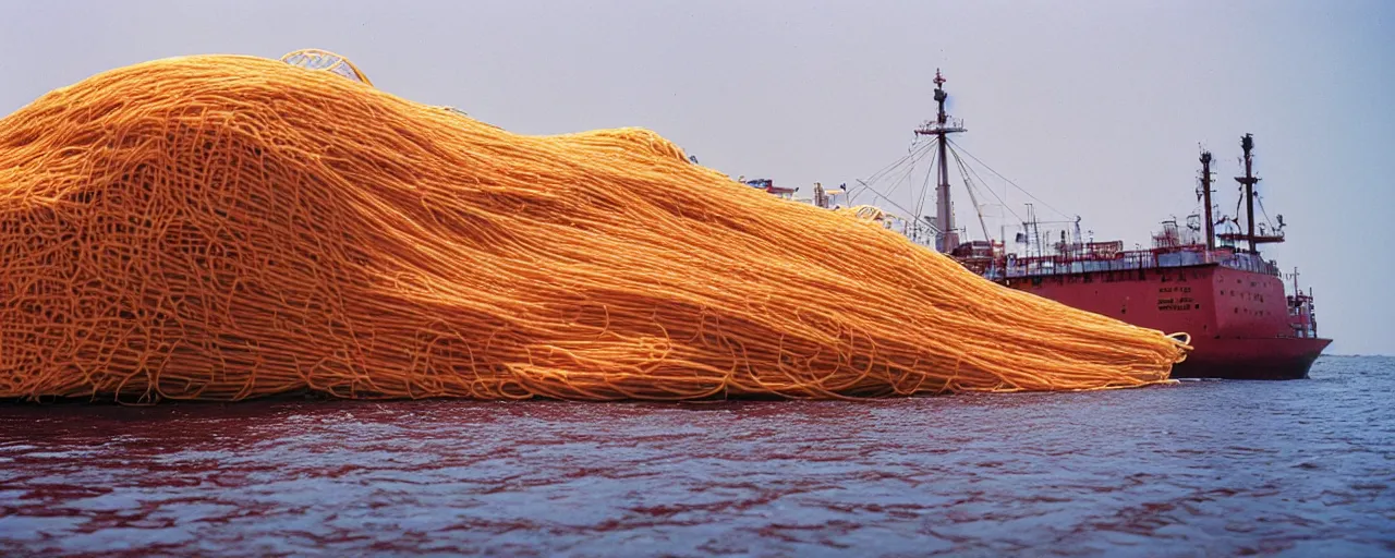 Prompt: a ship carrying a load of spaghetti across the ocean, national geographic, detailed, canon 2 0 mm, wes anderson, kodachrome