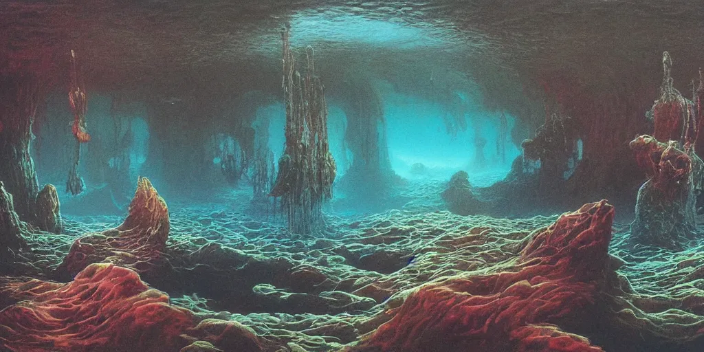 Prompt: underwater landscape, fluid, smooth, bright colours, high contrast, sharpness, beautiful, peaceful, very detailed, intricate, volumetric lighting, by giger and corben and moebius and beksinski and bosch and bacon