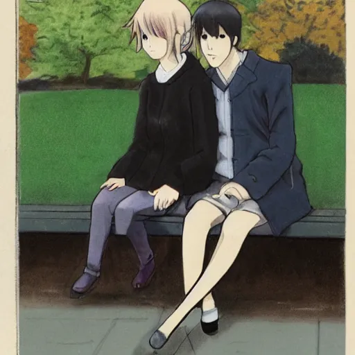 Prompt: a couple sitting on a park bench, anime