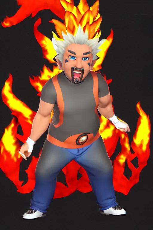 Image similar to 3 d render of guy fieri as a fire type pokemon, epic, detailed, stylized