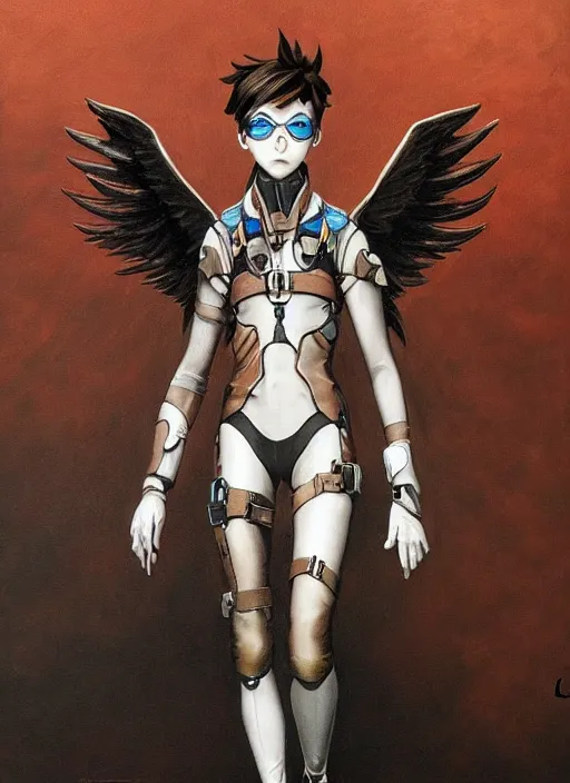 Image similar to full body artwork of tracer overwatch, wearing leather collar, in style of zdzisław beksinski, angel wings, dramatic painting, symmetrical composition, wearing detailed leather collar, black shiny armor, chains, black harness, detailed face and eyes,