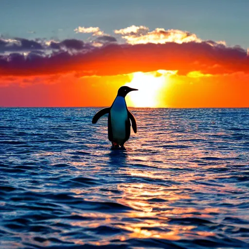 Prompt: big penguin in the middle of the sea, sunset, 4k, sharp, detailed