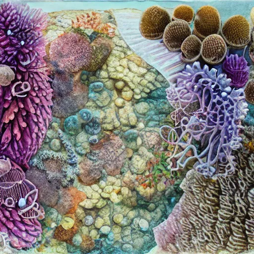 Image similar to delicate coast sea garden on paper, spirals, stony, puffy, vines, botanical herbarium, botanic watercolors, iridescent, 8 k wide angle, realistic shaded, fine details, artstation, italian, rainbow, colonnade, oak, pinecone, pomegranade, vines, gardena architecture, pompeian, sicilian