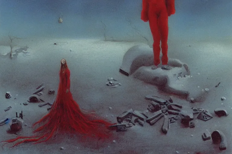 Image similar to a surrealist painting of a lonely woman with pale skin and red hair, standing over pile of bodies in post apocalyptic snowy landscape, painted by zdzisław beksinski and salvador dali