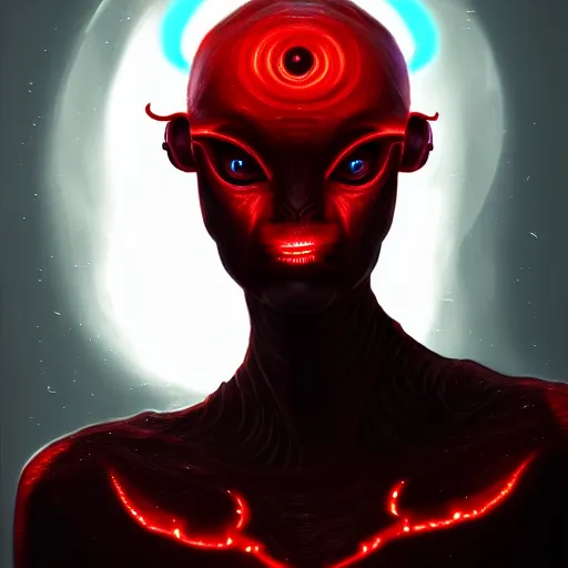 Prompt: portrait of realistic alien with horns. red eyes, human eyes, background flames, sci - fi, tech wear, volumetric lighting, intricate, elegant, highly detailed, digital painting, artstation, concept art, film noir - h 7 0 4