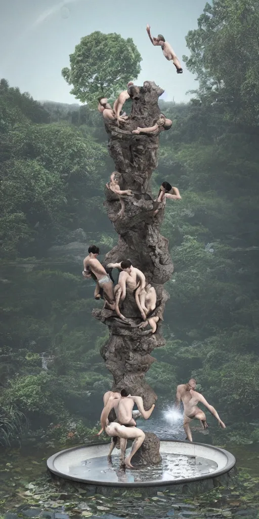 Image similar to photo of three men in a pond struggling to climb the same gigantic!!!! porcelain toilet. The three men are angry and shouting at each other. The toilet they are trying to climb is the size of an island. Flash photograph at night, 4k, highly detailed