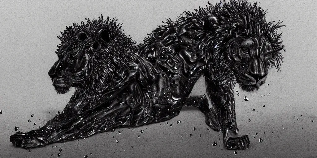 Image similar to the black lioness, made of ferrofluid, in a suburban neighborhood, dripping tar. animal drawing, drawing, environment art