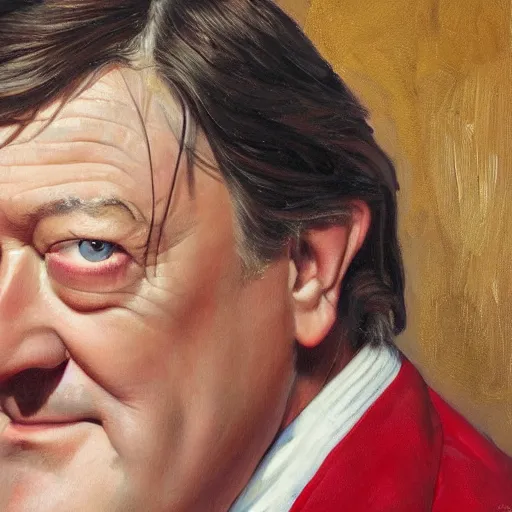 Image similar to close up face of a extremely beautiful Stephen Fry portrait, masterpiece painting, oil on canvas, artgerm, norman rockwell, craig mulins, trending on pxiv