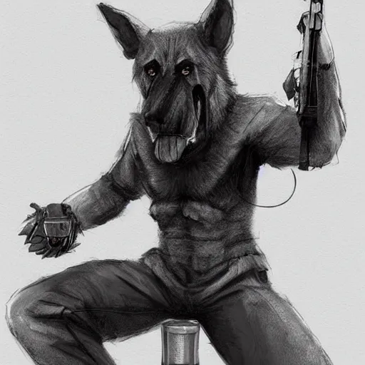 Image similar to a humanoid german shepherd beast - man, sitting on a couch and puts on jeans, artstation, concept art, smooth, sharp foccus ilustration, artstation