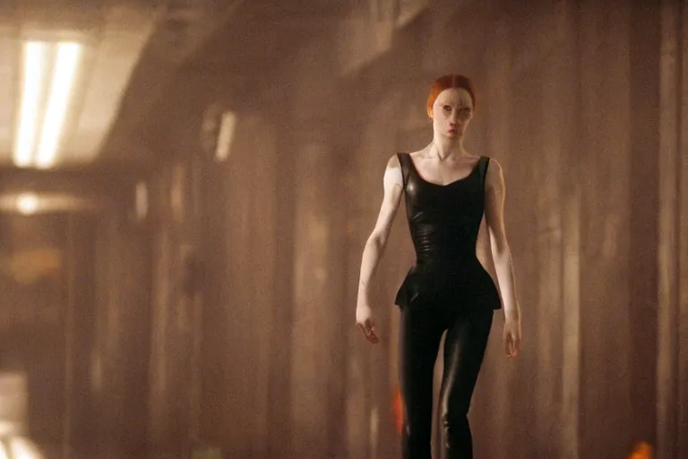 Image similar to cinematic still of Karen Gillan in The Matrix (1999), XF IQ4, f/1.4, ISO 200, 1/160s, 8K, RAW, dramatic lighting, symmetrical balance, in-frame