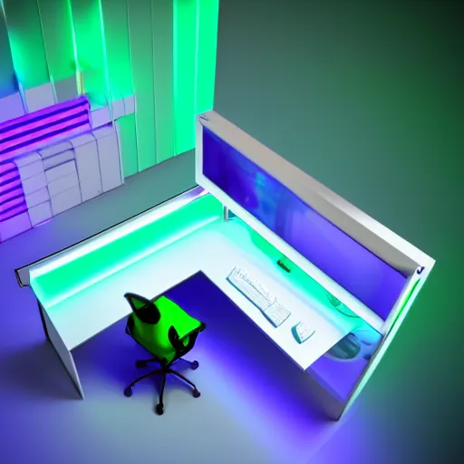 Image similar to 3 d rendering desk setup, colors light green, light blue, light purple, light yellow