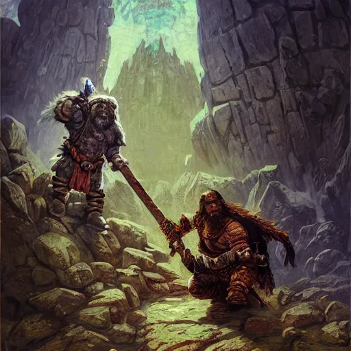 Prompt: A dwarven barbarian berserker protagonist with enchanted axes is exploring the grimdarkest dungeon depths. trending on Pixiv. trending on ArtStation. A vibrant digital oil painting. A highly detailed fantasy character illustration by Wayne Reynolds and Charles Monet and Gustave Dore and Carl Critchlow and Bram Sels