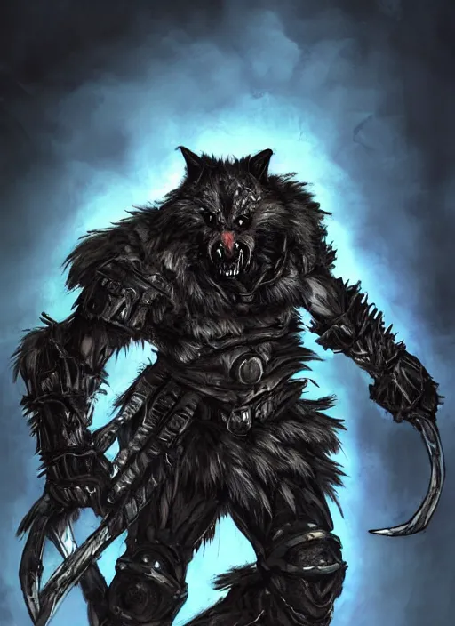 Image similar to Full body portrait of a scary gnoll wolf man. Armour made of human skulls. Giant War Scythe. Glowing blue eyes In style of Yoji Shinkawa and Hyung-tae Kim, trending on ArtStation, dark fantasy, great composition, concept art, highly detailed.