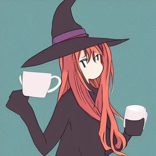 Prompt: anime Witch drinking coffee