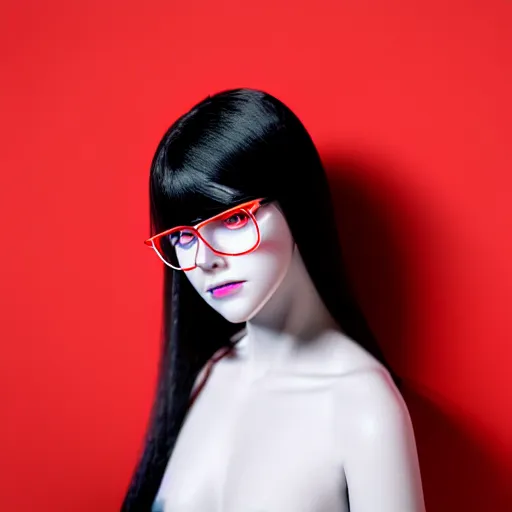 Image similar to a girl with black hair, skin that is pure white, and red eyes, octane render, professional art